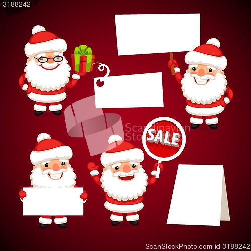 Image of Set of Cartoon Santa Clauses Holding a White Empty Banners