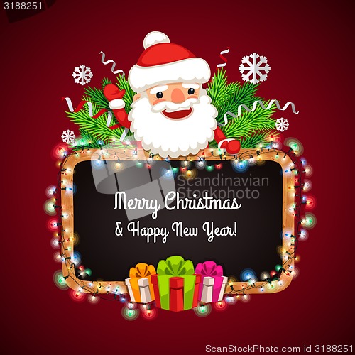 Image of Christmas Banner with Santa Claus Behind the Blackboard