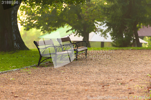 Image of Stylish bench in autumn park