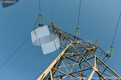 Image of Large transmission towers at sunset