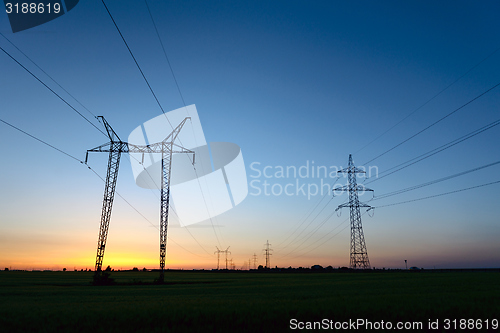 Image of Large transmission towers at blue hour 
