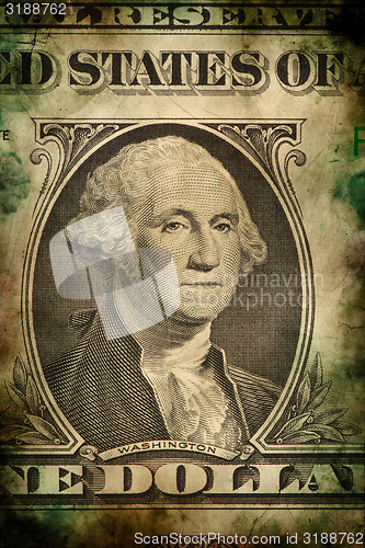 Image of Macro of George Washington on USA dollar banknote grunge vintage style