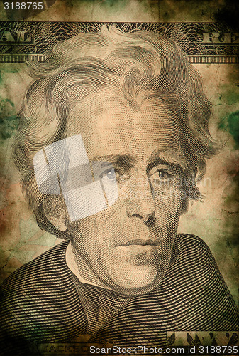 Image of Macro of Andrew Jackson on ten USA dollar banknote grunge vintage style