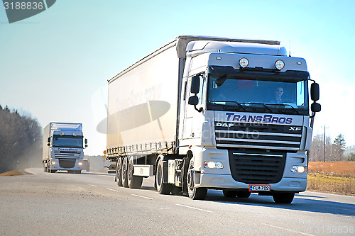 Image of Two White DAF XF Semi Trucks on the Road