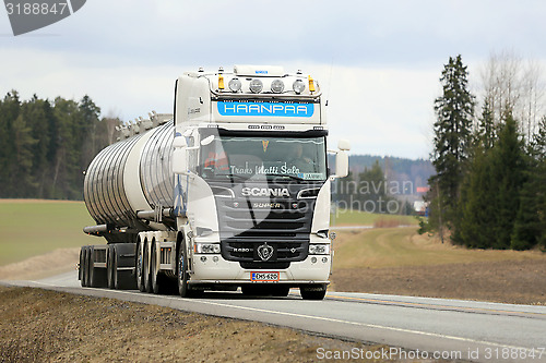 Image of White Scania R620 Tank Truck on the road