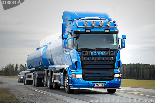 Image of Blue Scania R500 Tank Truck on the Road