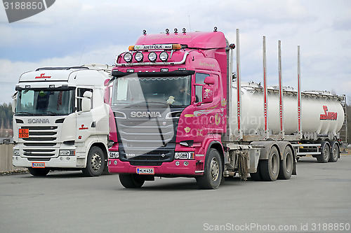 Image of Pink Scania R620 Logging Truck and White R490 Tank Truck for Eur