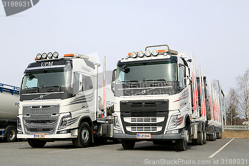 Image of Two Modern Volvo FH Logging Trucks