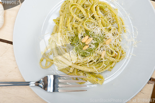 Image of Italian traditional basil pesto pasta ingredients