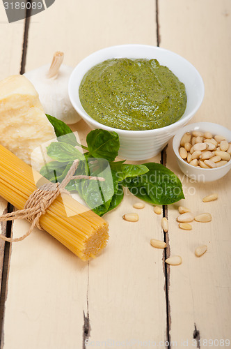 Image of Italian traditional basil pesto pasta ingredients