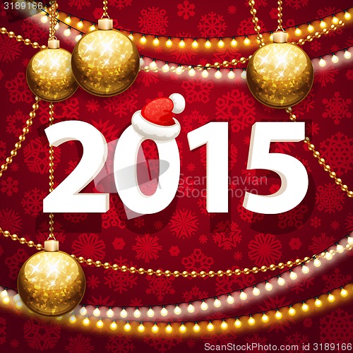 Image of Happy New Year 2015 on Red Background with Christmas Baubles