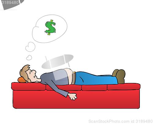Image of sleeping man and dreaming about money