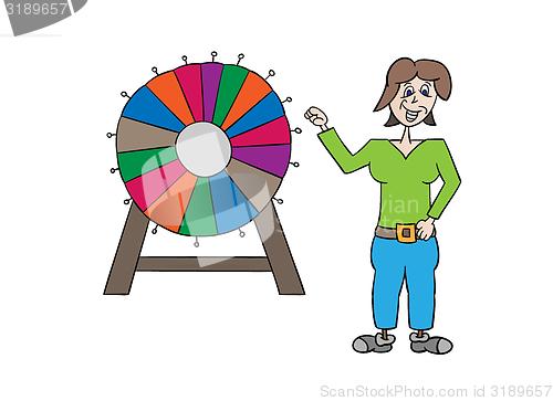 Image of wheel of fortune and woman