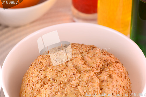 Image of sweet cake on white plate and fruits