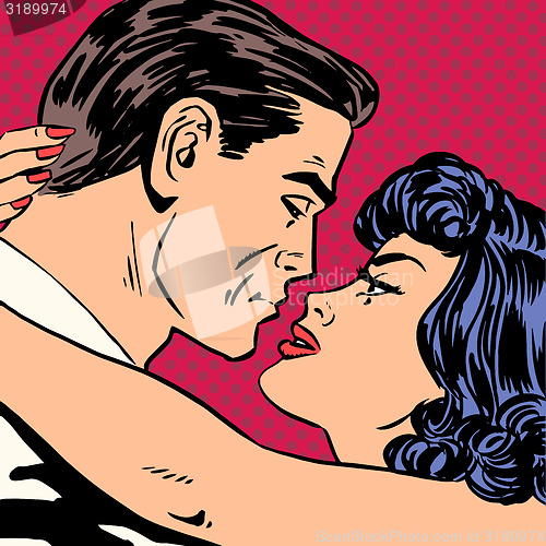 Image of Kiss love movie romance heroes lovers man and woman pop art comi