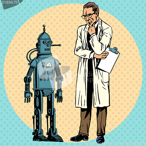 Image of Professor scientist and robot. Creator gadget retro technology