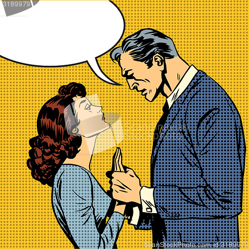 Image of husband and wife lovers serious talk love conflict pop art comic