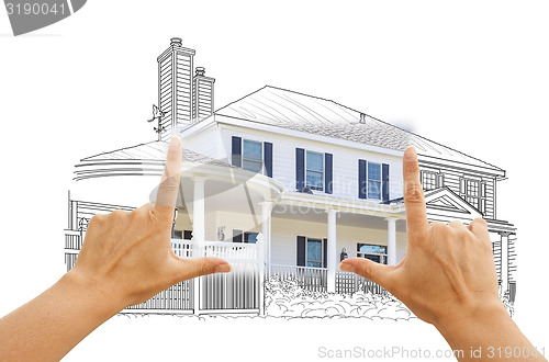 Image of Hands Framing House Drawing and Photo on White