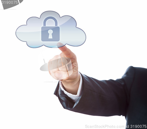 Image of Arm In Suit Pointing At Secured Lock In Cloud Icon