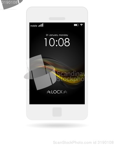 Image of Mobile phone with bright wavy wallpaper isolated on white