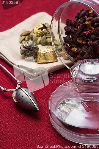 Image of spilled tea on red tablecloth