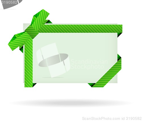 Image of green gift card with dashed ribbon, dashed bow and shadow on whi