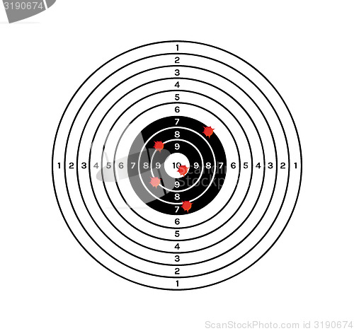 Image of black and white target with red holes