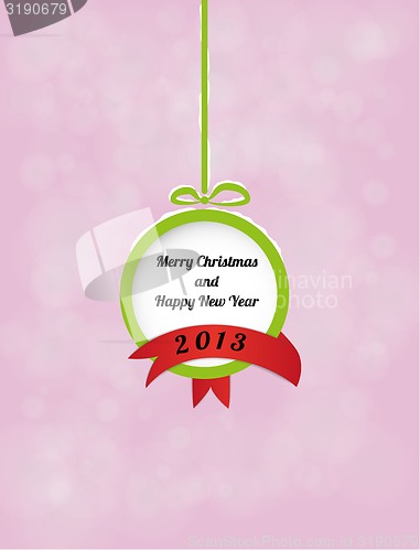 Image of ball with Merry Christmas and Happy New Year and red ribbon
