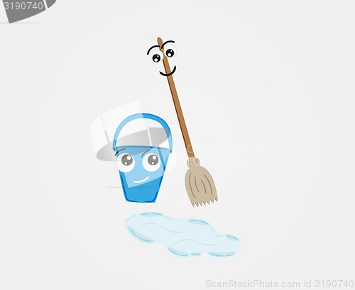 Image of broom and pail with water on the floor