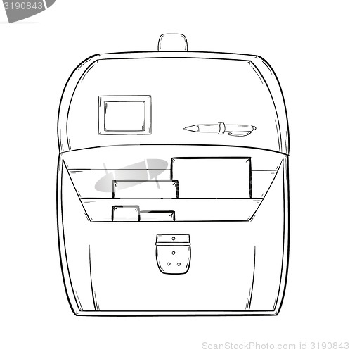 Image of sketch of the open briefcase with documents