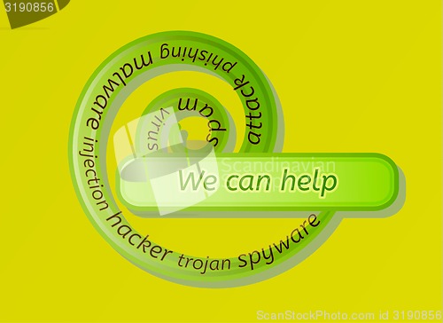 Image of green spiral label with we can help