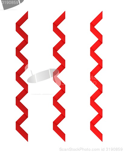 Image of three different red twisted ribbons on white background