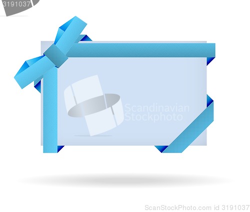 Image of blue gift card with dotted ribbon, dotted bow and shadow on whit