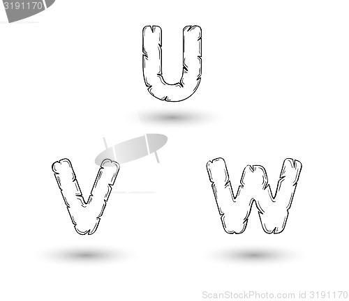 Image of sketch jagged alphabet letters, U, V, W