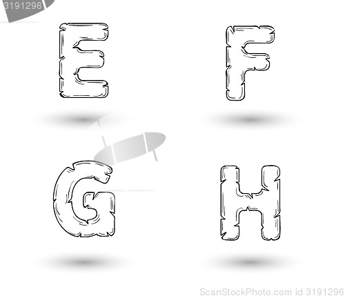 Image of sketch jagged alphabet letters, E, F, G, H