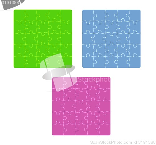 Image of three color puzzle fields with rounded pieces in the corner on w