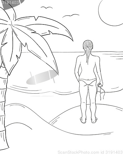 Image of sketch of the girl in swimsuit on the sunny beach