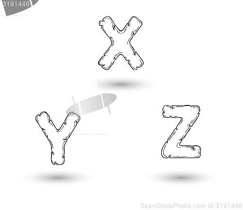 Image of sketch jagged alphabet letters, X, Y, Z