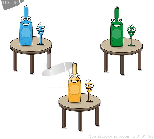 Image of smiling funny glass and bottle on the table
