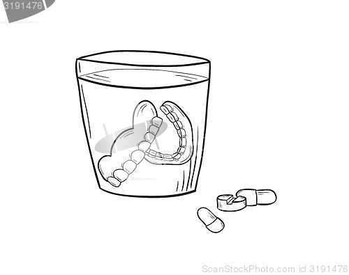 Image of sketch of the denture in glass and pills