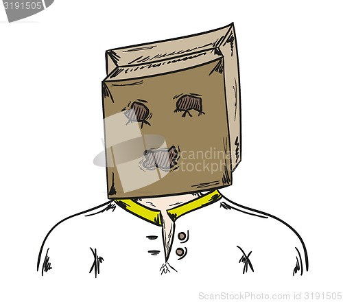 Image of man with paper bag on his head