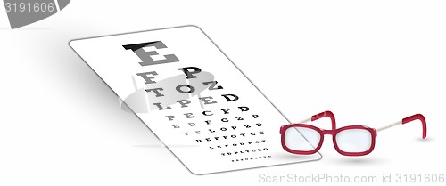 Image of sharp snellen chart and glasses with shadow on white background