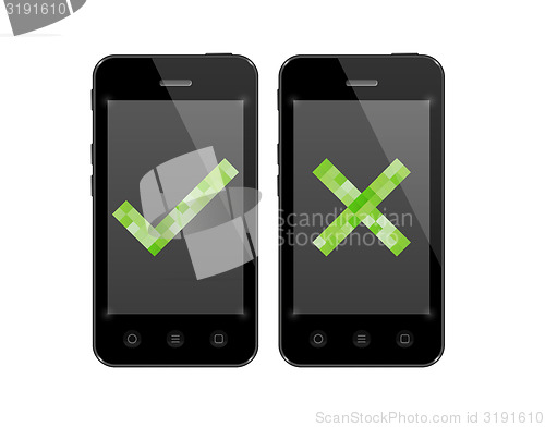 Image of smartphones with check and cross symbol