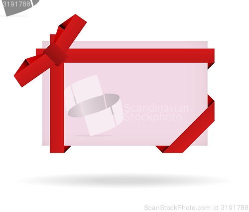 Image of red gift card with ribbon, bow and shadow on white background