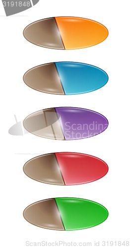Image of set of five labels or buttons with two colors