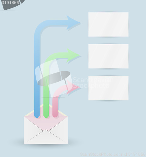 Image of envelope and three arrows with blank papers