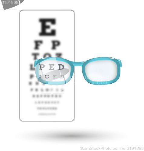 Image of unsharp snellen chart and sharp letter with glasses on white bac