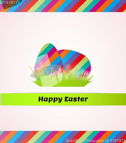 Image of happy easter with striped eggs in grass