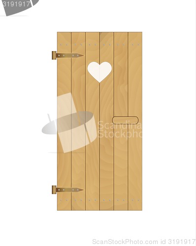 Image of wooden door of the latrine with heart on white background