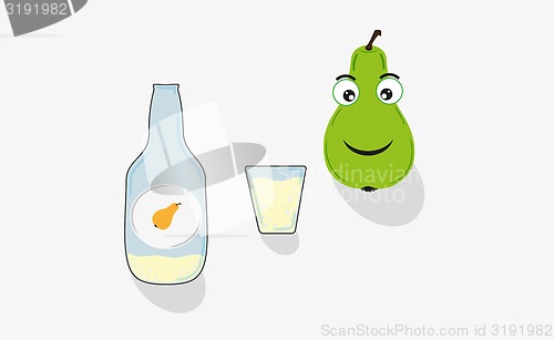 Image of pear, short glass and bottle
